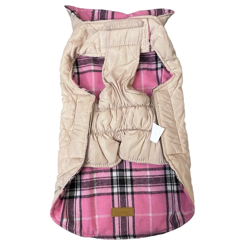 Kuoser Pink Plaid Reversible Quilted Cream Dog Jacket Coat - Size Medium